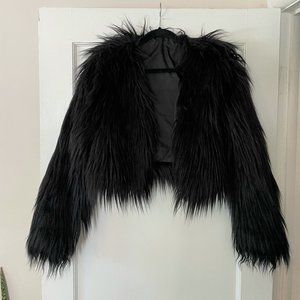 Chic Black Fuzzy Faux Fur Crop Long Sleeve Coat Jacket